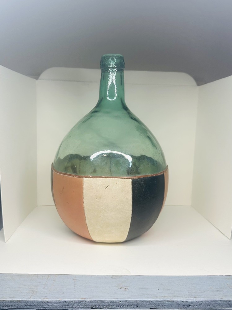 Mid-century Viresa Spain 5L Glass Green Demijohn Bottle Wine Leather Wrap READ
