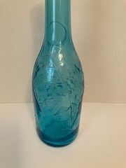 AM Turquoise Embossed Grapes and Leaves Glass Wine Bottle 11 3/4&Prime; Tall