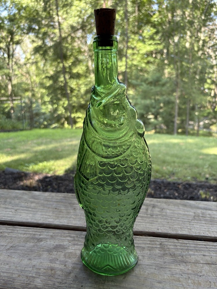 Vintage Emerald Green Glass Fish Shaped Wine Bottle Decanter