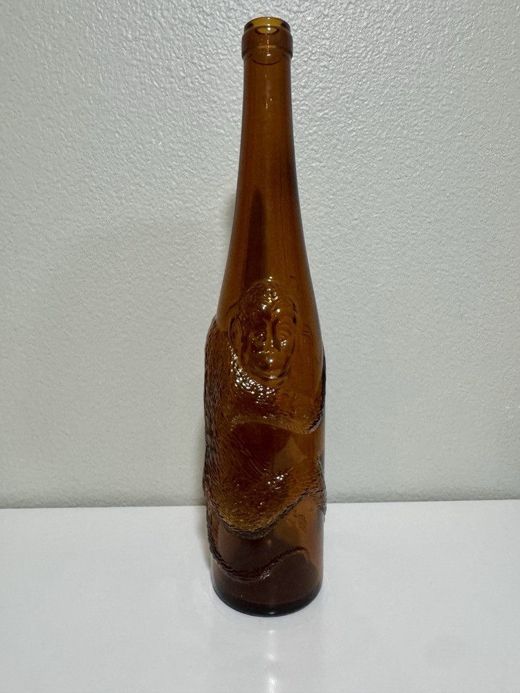 Vintage Affentaler Raised Embossed Monkey Amber Brown Glass Wine Bottle, Germany