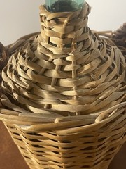 Vintage V. Levante Spanish wicker covered green glass demijohn bottle See Pics