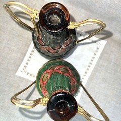 Vintage Viresa Spain Wine Bottles Plastic Woven Wicker Metal Handle Empty- Pair