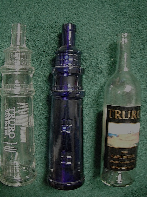 LOT OF 3 TRURO VINEYARDS LIGHTHOUSE WINE GLASS BOTTLES CLEAR COBALT CAPE COD MA