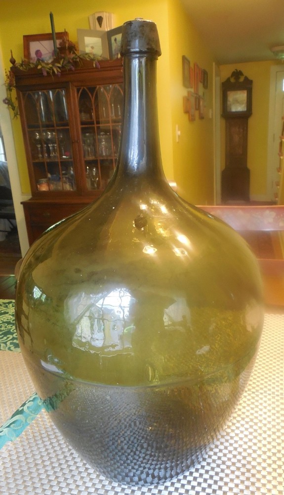 Vintage 21&Prime; Hand Blown Wine Bottle DemiJohn Antique Green Glass Rare