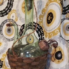 Vintage Blown Glass Green Wine Bottle Wicker Basket Ice Pocket EVC
