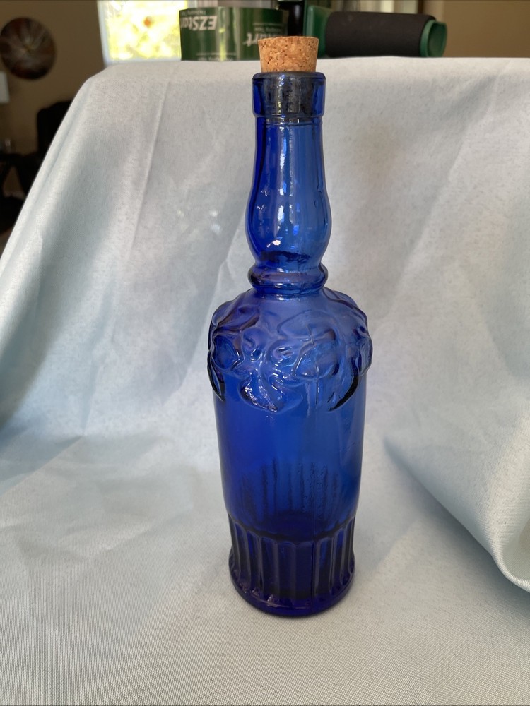 Vintage Cobalt Blue Ornate Glass Wine Bottle 11  » Tall
