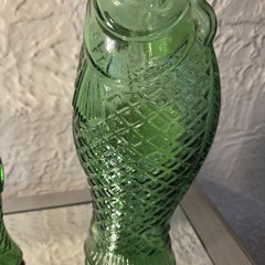 2 Vintage Decanter Fish Shaped Glass 13&Prime; & 10” Green Italian Wine Bottle 70s