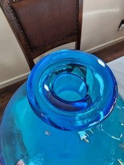 LARGE Blue Demijohn Studio Blown Glass bottle Crackled Bottom Polished Pontil