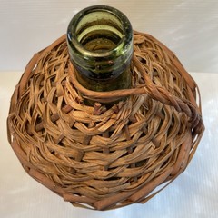 Vtg Wicker Wrapped Demijohn De Muller Spain Green Glass Wine Bottle 12.5”h x 8”w