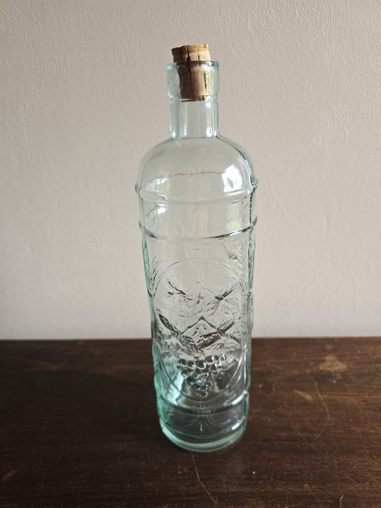 La Mediterranean Blown Teal Glass Wine Bottle/Decatur W/Cork Embossed Grapes