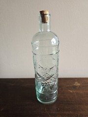 La Mediterranean Blown Teal Glass Wine Bottle/Decatur W/Cork Embossed Grapes