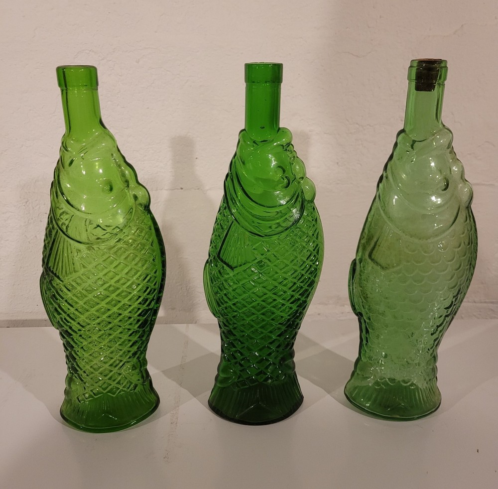 LOT of 3 Vintage FEDERAL & PESCEVINO Fish Green Glass Wine Bottle Decanters 13&Prime;