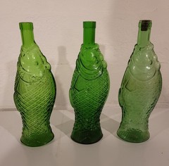 LOT of 3 Vintage FEDERAL & PESCEVINO Fish Green Glass Wine Bottle Decanters 13&Prime;