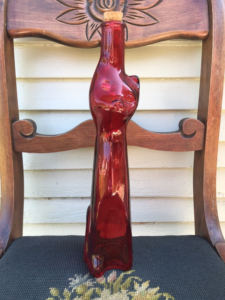 Empty Moselland Riesling HAPPY CAT Red Wine Bottle Kitsch Mosel Art Glass 13”