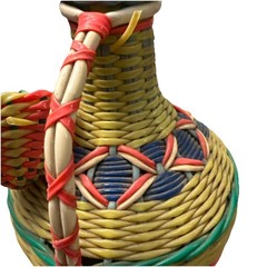 Vintage Green Viresa Glass Bottle Wrapped In Colorful Plastic Wicker 9.5” Tall