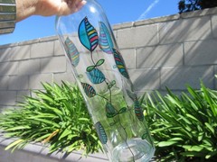 Hand Painted Empty Clear Wine Bottle, Leaves Shades of Blue, Green and Purple