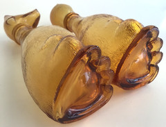 Empoli Figural Cat Dog Amber Glass Carafe Decanter Genie Bottle Pair MCM 1960s