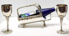 Vtg GodInger Silver Wine bottle Holder/Extender Two Matching Goblets