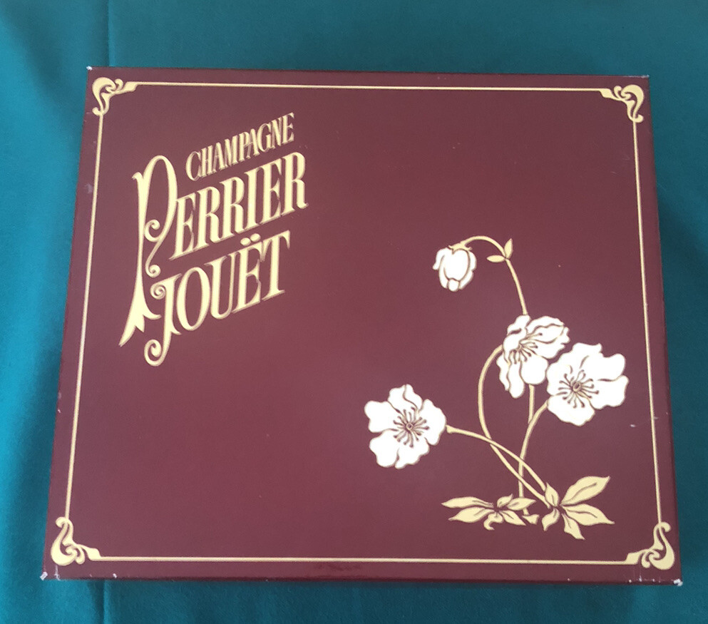 1988 Perrier Jouet Box Gift Set W/ Empty Bottle + Cork, 4 Flutes, Handcrafted