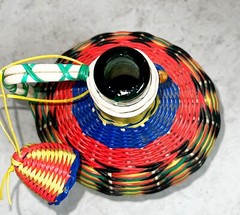 Vintage Viresa Scoubidou Colorful Wine Bottle Plastic Woven Wicker Spain 60-70s