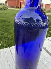 Cobalt Blue Glass Wine Bottle w/ Cork, Embossed“ Tomasello Winery”
