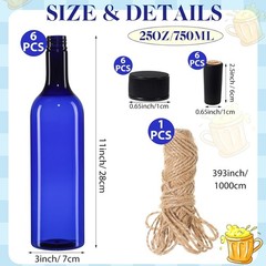 Empty 750ml Blue Wine Bottles with Screw Cap & Seal Rope – 6 Pack for Weddings,