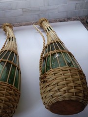 Pair Of Vintage Glass Wine Bottles Wrapped With Wicker. Great Condition 17&Prime;