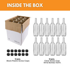 750 Ml Clear Bordeaux Wine Bottles (Pack of 6) with 12 Black PLASTIC Caps | W5 F