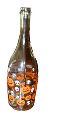 Halloween Decoration Empty Glass Wine Bottle Bats Skulls Jack O Lanterns