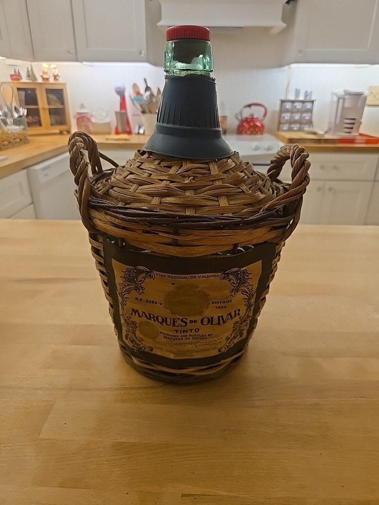 VINTAGE MARQUES De OLIVAR 1964 GREEN GLASS DEMIJOHN WINE BOTTLE w/HANDLES