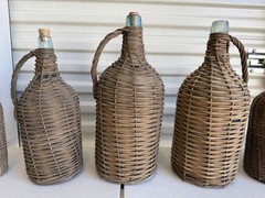 6 Bottles Antique Wicker Wrapped Glass Bottles Lot Handles Tall French Farmhouse
