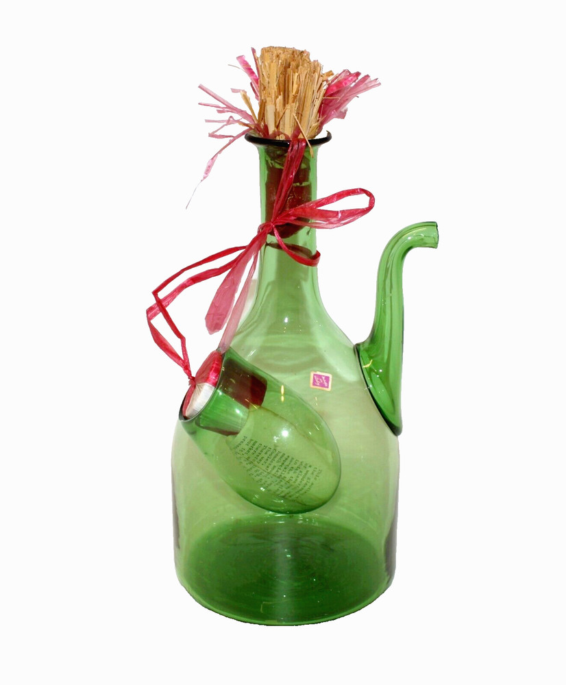 Princess House Green Glass Wine Bottle Ice Chamber Cooler Straw Stoppers Italy
