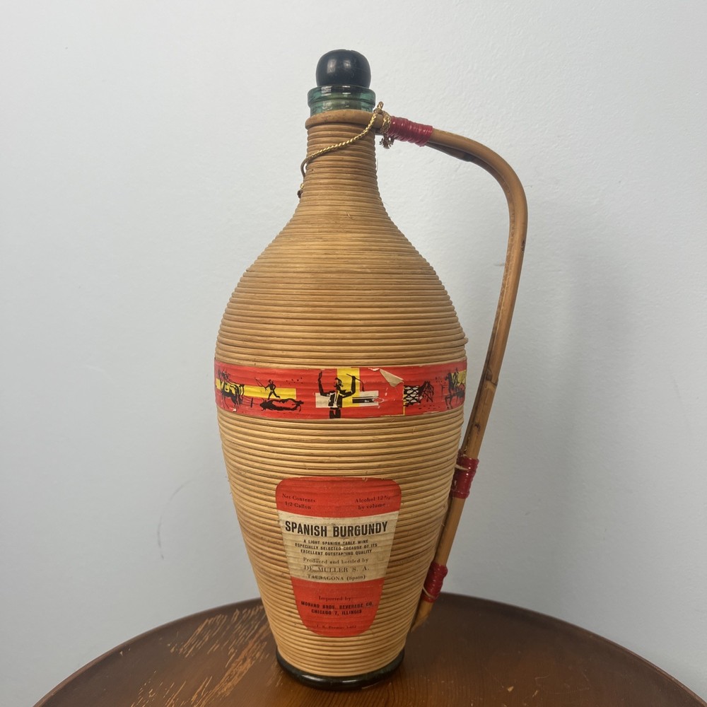 Vintage Spanish Burgundy Wine Bottle Rattan Wrapped With Handle & Cork MCM HTF