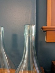 Set Of 2 Vintage Glass Italian Bulb Bottom Wine Bottles Vetreria Etrusca, Aqua