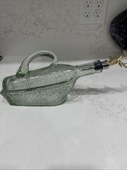 Vintage Wine Bottle Decanter Basket Pattern Greenish Hue With Deer Stopper