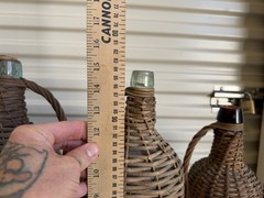 6 Bottles Antique Wicker Wrapped Glass Bottles Lot Handles Tall French Farmhouse