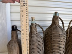 6 Bottles Antique Wicker Wrapped Glass Bottles Lot Handles Tall French Farmhouse