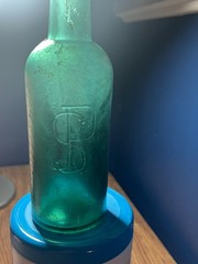 Vtg. Emerald Green Peppersauce Bottle Embossed JPS Ht: 9&Prime; Cir: 2 1/2&Prime;