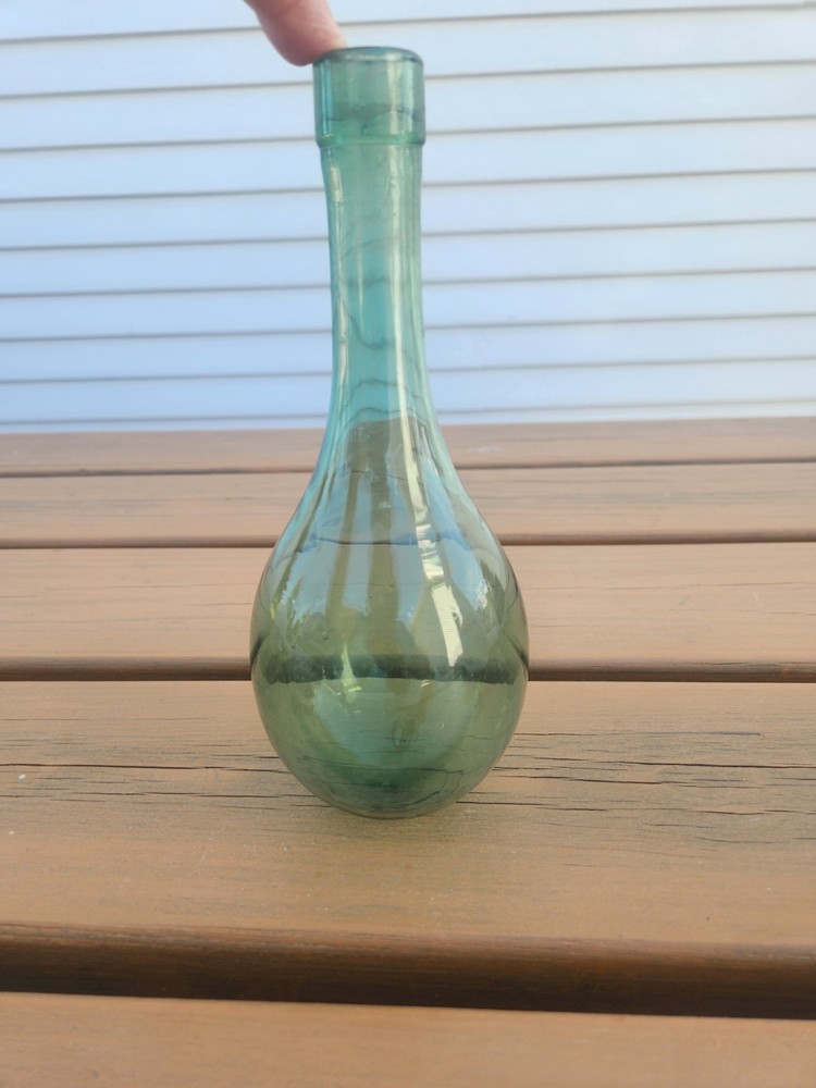 Hand Blown Green Glass Antique Tall Round Bottom Wine Liquor Bottle