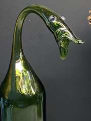Vintage MCM Hand Blown Unique Goose Head Green Glass Round Bottom Wine Bottle