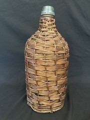 Antq Wicker Wrapped Aqua Glass Demijohn Wine Bottle 15” Tall French Farmhouse