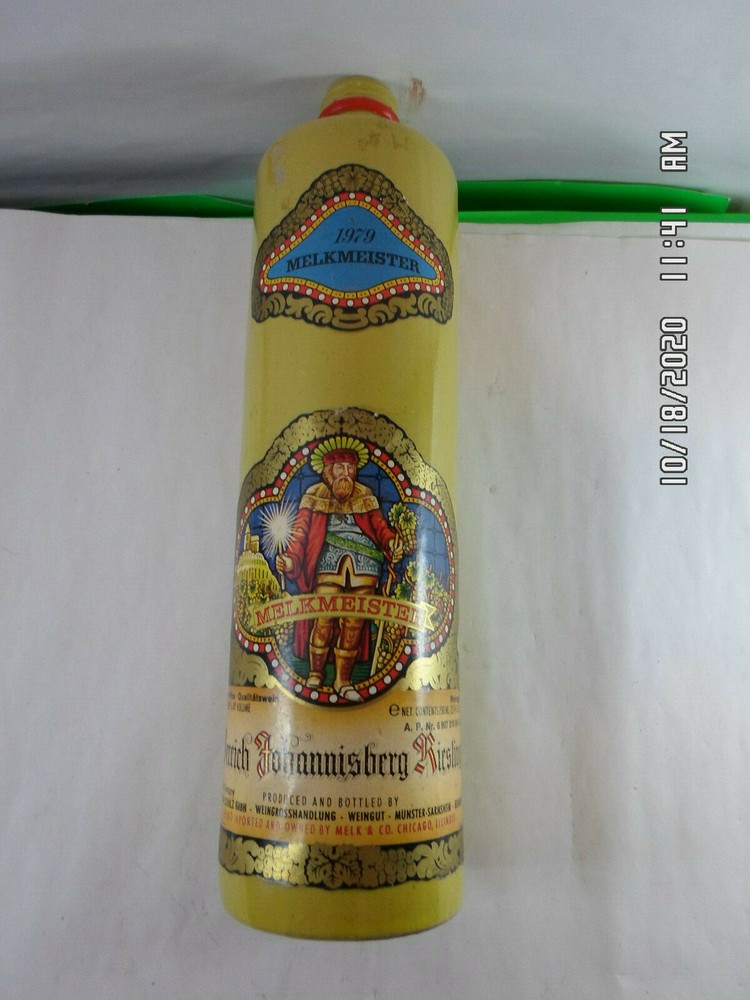 Vintage 1979 MELKMEISTER STONEWARE Wine BOTTLE Colorful Paper Labels