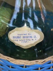 1963 Chianti Italian Wine Green Glass Decanter & Blue Wicker Basket Labels Rare