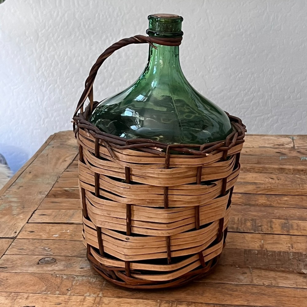 Vintage Demijohn Wine Bottle With Wicker Basket 14&Prime; Emerald Green Glass