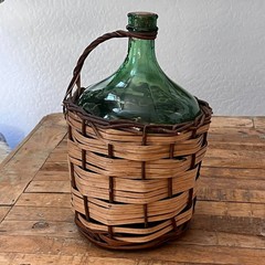 Vintage Demijohn Wine Bottle With Wicker Basket 14&Prime; Emerald Green Glass