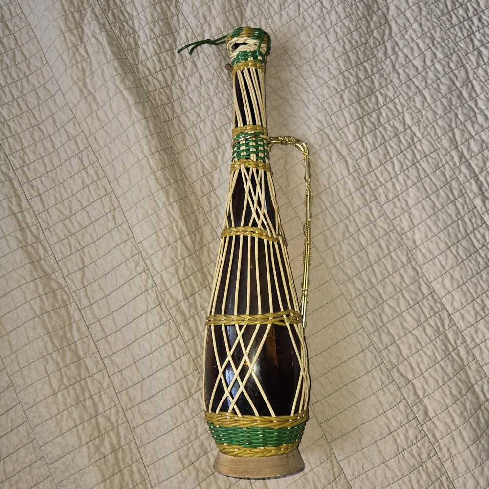 MCM 17in Scoubidou Woven Wicker Demijohn Wine Bottle Metal Handle Spain wood