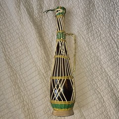 MCM 17in Scoubidou Woven Wicker Demijohn Wine Bottle Metal Handle Spain wood