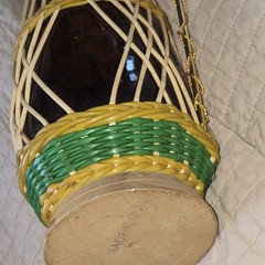MCM 17in Scoubidou Woven Wicker Demijohn Wine Bottle Metal Handle Spain wood
