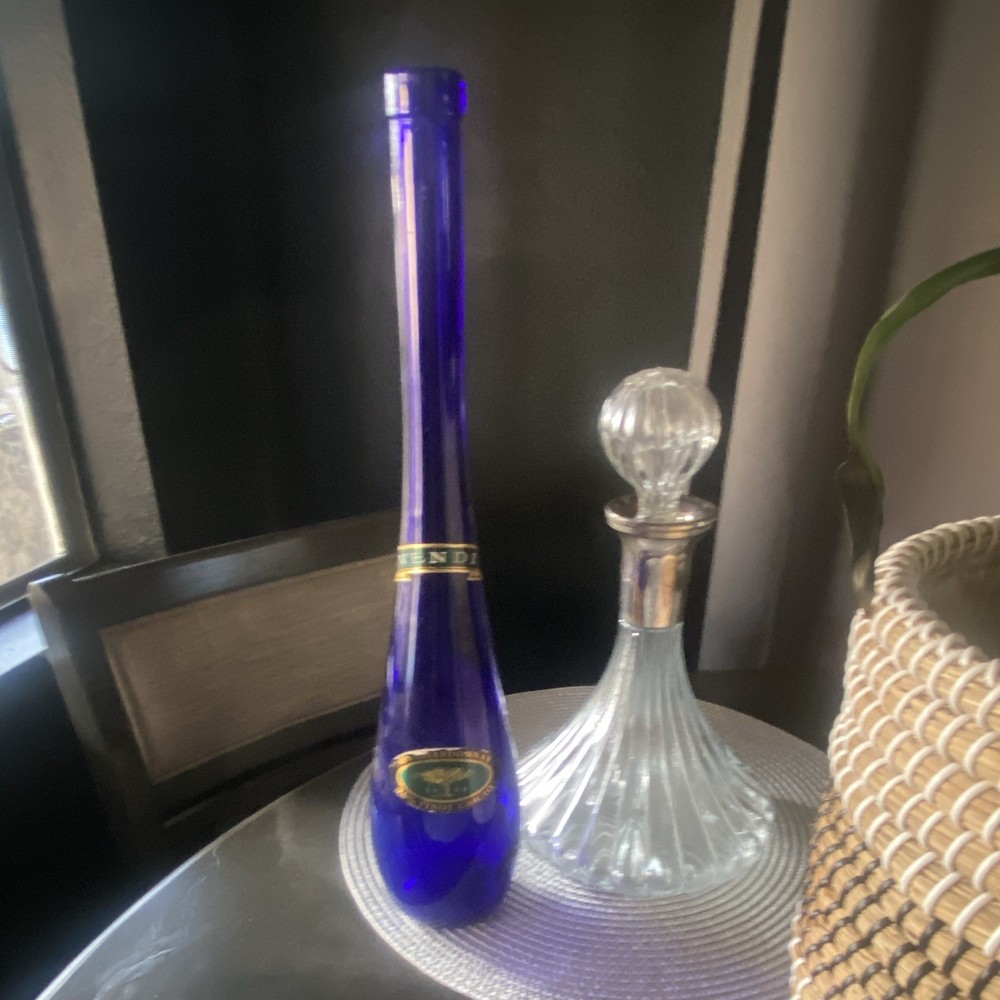 Blue Glass Wine Bottle, Blue Color, with Label VEND / Vendange