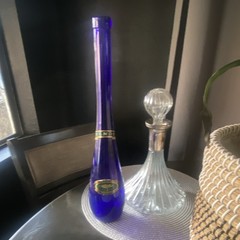 Blue Glass Wine Bottle, Blue Color, with Label VEND / Vendange